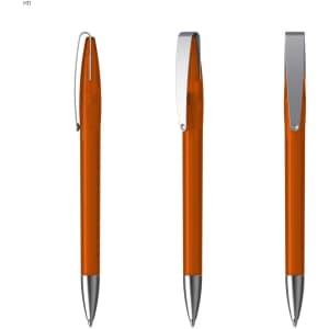 Metal pen with an orange barrel and chrome accents, shown from three different angles. Features a clip and smooth finish.