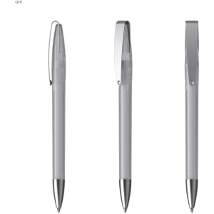 A metal pen in grey with a silver clip, displayed in three positions. It features a branding logo.