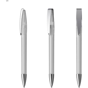 A metal pen in silver with a transparent barrel and a clip, displayed from three angles.