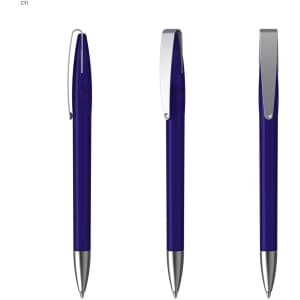 A sleek blue metal pen with a shiny silver clip, displayed from three angles. The pen has a modern design and finish.