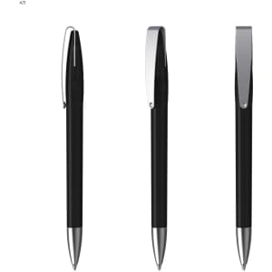 A black metal pen with a silver clip, showcased from three different angles. It features a sleek design.