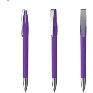 A metal pen in vibrant purple with a silver clip and chrome detailing, shown from three angles.