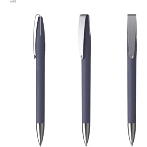 A set of three metal pens with a soft grip in a dark blue finish and silver accents, featuring a branding logo.