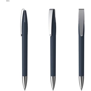 A set of three metal pens with a soft grip in navy blue and silver accents, featuring a logo on the barrel.