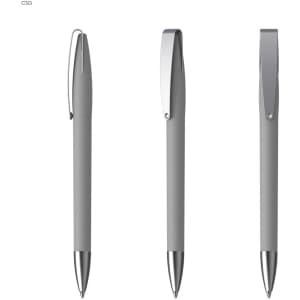 A metal pen with a soft grey grip and silver accents, featuring a clip and a shiny tip.