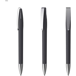 A metal pen with a soft grip in black, featuring a silver clip and accents. The pen is shown from three angles.