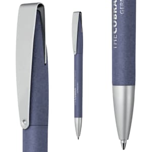 A metallic pen with a soft grip in a blue colour, featuring a sleek silver clip and logo branding.
