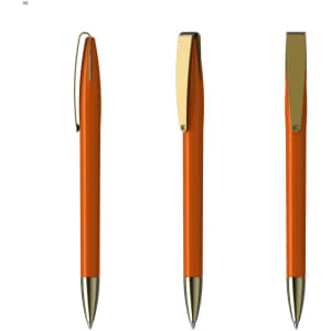 An orange metal pen with a gold clip and tip, displayed from three different angles.