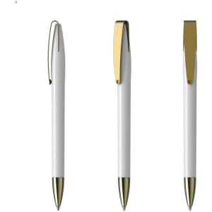 A set of three metal pens featuring a white body and gold accents, showcasing different angles.