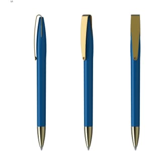 A collection of blue metal pens with gold accents, featuring different angles and a branding logo.