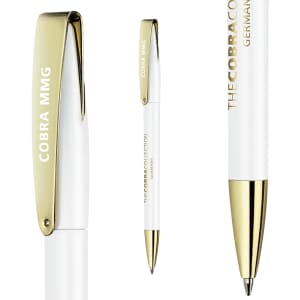 A metal pen in white and gold, featuring a branding logo and sleek design.