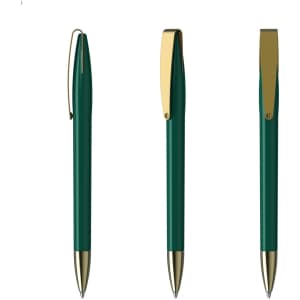 A metal pen in green with gold accents, featuring a sleek design and a clip. It has a logo on the barrel.