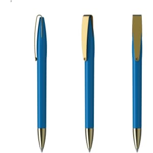 A set of three blue metal pens with gold accents, featuring a clip and a sleek design.