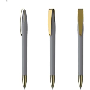 A metal pen in grey with gold accents, showcasing three angles and a branded logo.