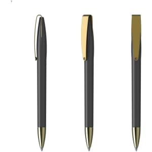 A metal pen with a sleek dark grey body and gold accents, featuring a clip and a glossy finish.