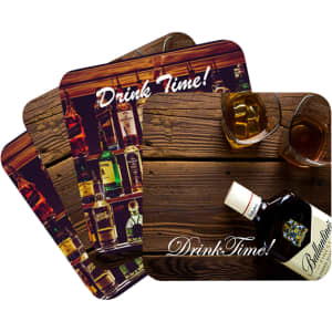 A set of square cardboard coasters featuring a wood background and images of drinks. The coasters include a logo.