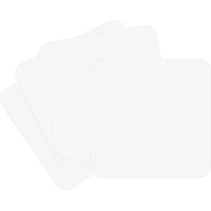 A stack of square cardboard coasters in plain white, featuring a subtle texture and a logo on the surface.