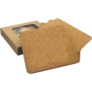 A set of four square cork coasters in natural brown, presented in a kraft box with a window.