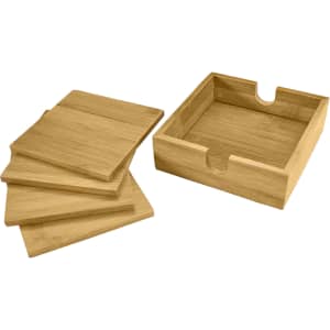 A set of four natural bamboo coasters with a matching storage box, showcasing a light brown hue.