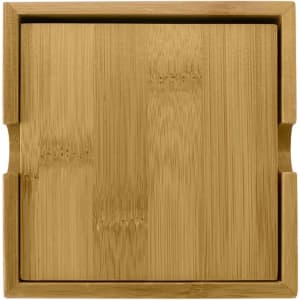 A bamboo coaster in a light brown tone with a square shape and rounded edges. It features a logo.