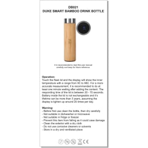A drink bottle made of bamboo featuring a stainless steel lid, with a digital temperature display and a logo.