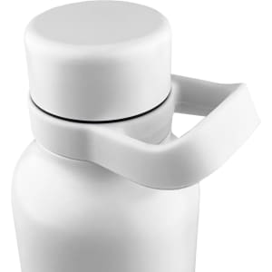 A drink bottle in white with a secure lid and a handle, featuring a smooth design and a logo.