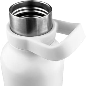 A drink bottle with a white exterior and stainless steel opening, featuring a sturdy handle.