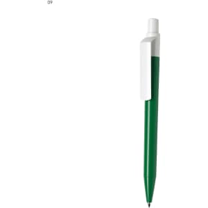 A green plastic pen with a white clip and a logo on the barrel.