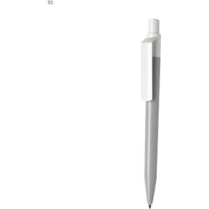 A grey and white plastic pen with a clip and a simple design. It features a logo on its surface.
