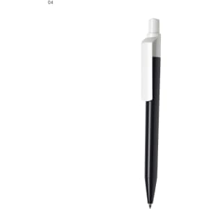 A plastic pen with a black barrel and a white clip, featuring a streamlined design and a logo on the side.