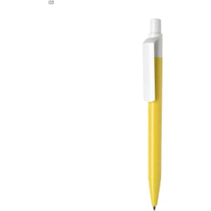 A yellow plastic pen with a white clip and a black ink nib. It features a logo on the body.