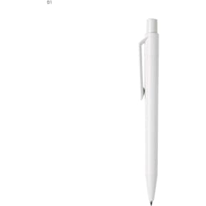 A white plastic pen with a retractable tip and a clip, featuring branding on the body.