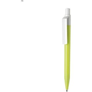 A plastic pen in bright yellow with a white clip and detailing, featuring a logo.