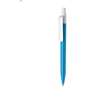 A blue plastic pen with a white clip and tip, featuring a logo on the barrel.