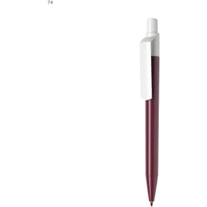 A burgundy plastic pen with a white cap and clip, featuring a logo on the barrel.