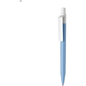 A plastic pen with a light blue barrel and a white clip, featuring a logo on the body.