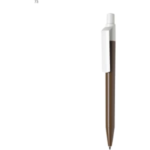 A plastic pen in brown with a white clip, featuring a logo on its body.