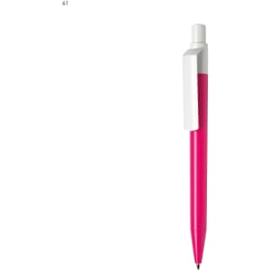 A pink plastic pen with a white clip and a black nib, featuring a logo on the body.