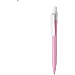 A pink plastic pen with a white clip and a branding logo on its body.