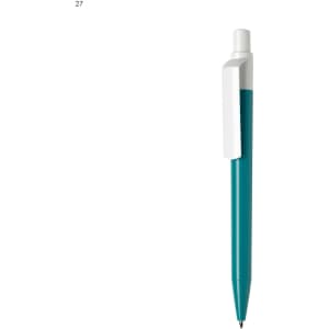 A teal plastic pen with a white clip and tip. The pen has a sleek design and features a logo.