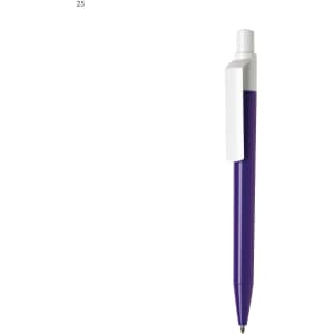 A purple plastic pen with a white clip and a sleek design. It features a branding logo on the barrel.
