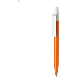 A plastic pen with a white clip and an orange body, featuring a simple design and a branding logo.