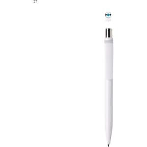 A white plastic pen with a silver clip and a branding logo on the top.