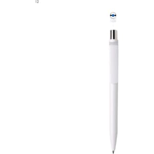 A white plastic pen with a silver tip and a logo at the top. The design is sleek and minimalistic.