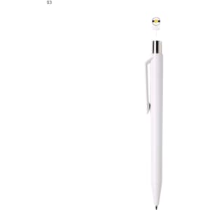 A white plastic pen with a silver clip, featuring a twist mechanism and a circular top piece.