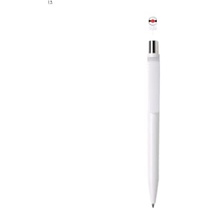 A white plastic pen with a silver clip and a round decorative top featuring a logo design.