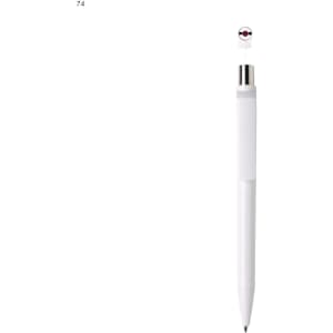 A white plastic pen with a metallic clip and a logo on the top.