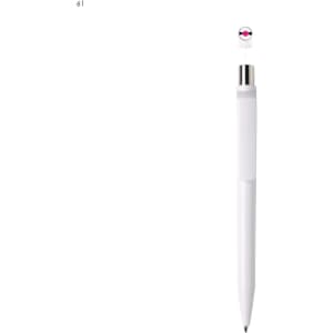 A white plastic pen with a silver clip and a spherical top featuring a colourful design. It has a branded logo.