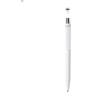 A white plastic pen with a silver top and a decorative element at the tip. It features a logo.