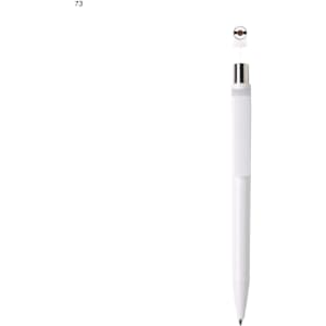 A white plastic pen with a silver clip and a polished tip, featuring a branding logo.